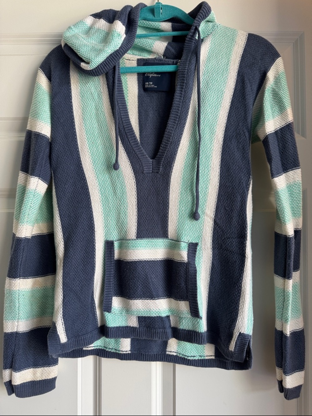 Surfer-Chic Striped V-Neck Hoodie - Navy, Mint & White